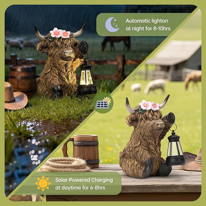 Solar Highland Cow Garden Outdoor Statue,Highland Cow Figurines Sculpture with LED,Farmhouse Decor,Patio Balcony Yard for Pasture & Farm Theme Housewarming Easter Day Gifts for Women Mom