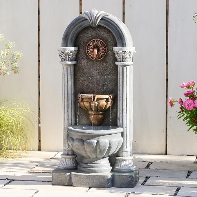 Wall Fountain Outdoor with LED Lights, 33.36” H Freestanding Garden Outdoor Water Fountain, Large Floor Standing Patio Outdoor Water Fountain, European Resin Flat Back Yard Courtyard Porch Déco