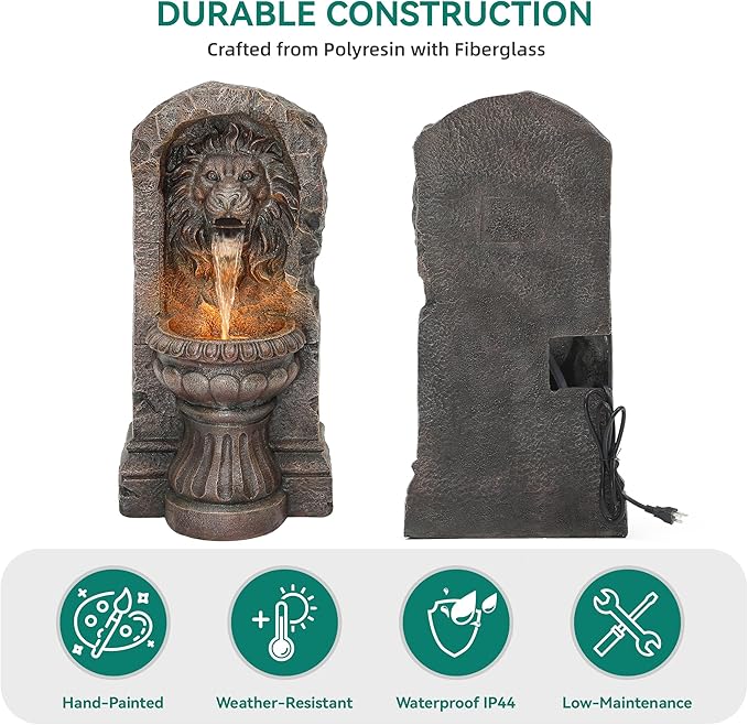 30" Majestic Lion Head Outdoor Water Fountain, Rustic Stone Pedestal Cascading Water Feature with Warm LED Lights, Tranquil Oasis for Outside Garden Patio Yard Decor