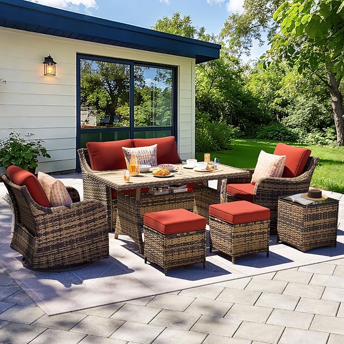 MEISSALIVVE 7 Pieces Outdoor Patio Furniture Set with Swivel Chairs, Wicker Patio Conversation Set, Patio Sectional Furniture Set with with Loveseat, 2 Ottomans and Dining Table (Red)