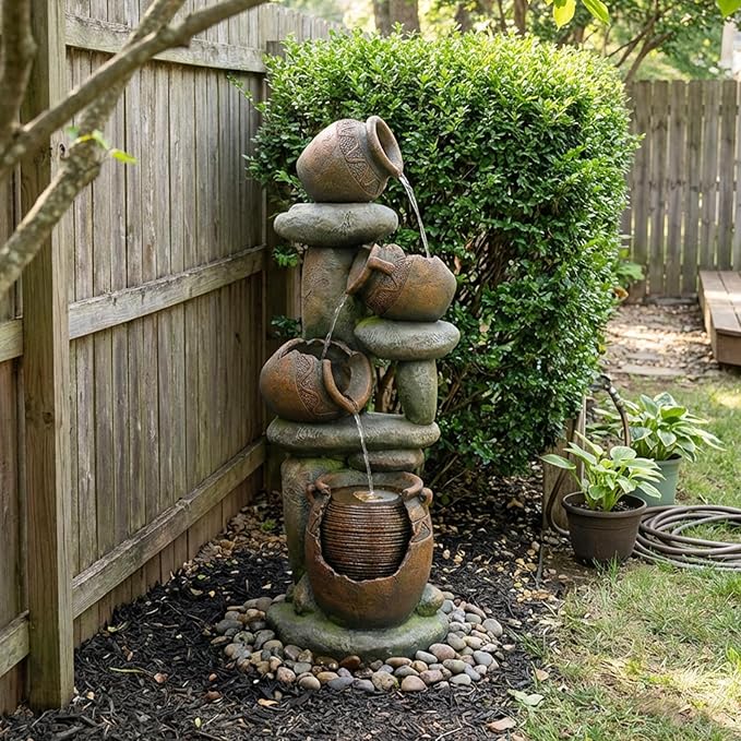 50" H Outdoor Water Fountain with LED Lights, 4-Tier Cascading Water Fountain for Indoor & Outdoor Use, Garden Patio Waterfall Fountain with Stone & Crock Design for Porch, Backyard Décor