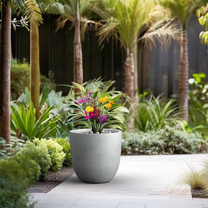 Kante 18 Inch Dia Round Concrete Planter, Indoor Outdoor Large Plant Pot with Drainage Hole and Rubber Plug for Home Patio Garden, Natural Concrete