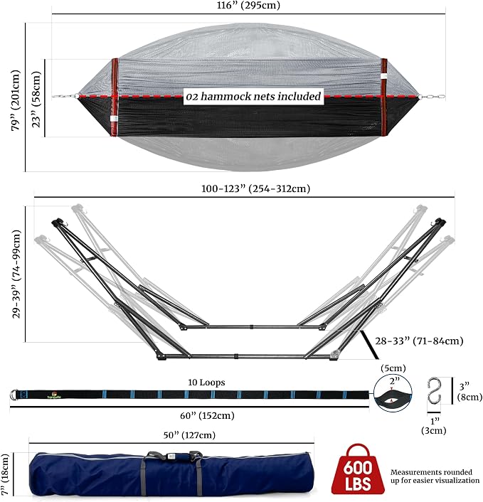 Tranquillo Combo x2 Hammocks with Stand for Outside & Tree Straps, Heavy Duty Hammock with Stand 600lbs for Indoor Outdoor Patio Backyard, x2 Hammocks for 2 Person (Combo - Grey, Medium) - Image 7