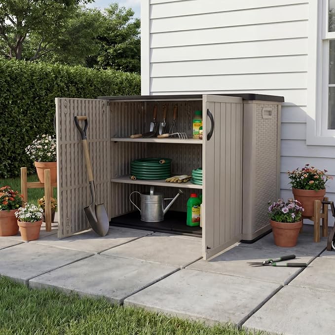 Patiowell 26 cu.ft Plastic Outdoor Storage Shed, Lockable Waterproof Resin Outdoor Storage Cabinet Tool Shed for Garden Tools, Garbage Cans, Pool Supplies, Beige(Not Include Shelves) - Image 9