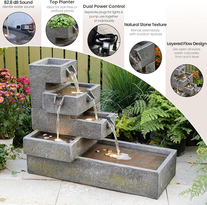 Water Fountain Outdoor Garden Waterfall Freestanding Cascade Tiered Fountains Water Feature with LED Lights for Patio Backyard Pool Home Decor, 32.5 inches Long, Gray