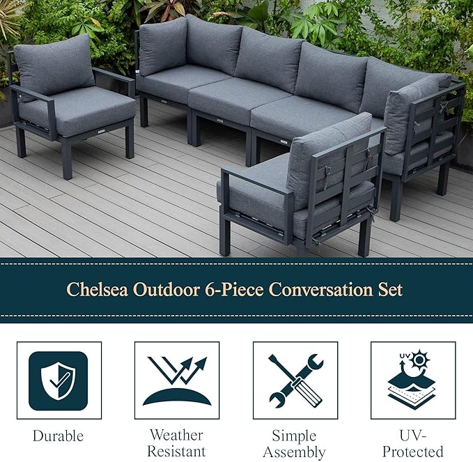 LeisureMod Outdoor Patio 7-Piece Conversation Set, Aluminum Sectional & Black Cushions with Coffee Table