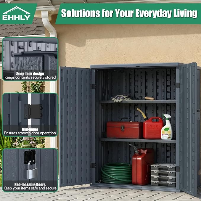 EHHLY Heavy Duty Small Storage Cabinet Outdoor Weatherproof, 14 Cuft Garage Storage Cabinet with 2 Adjustable Shelves, Lockable Kitchen Pantry Closer Organizer, 31Wx23Lx34H, Sage Grey - Image 6