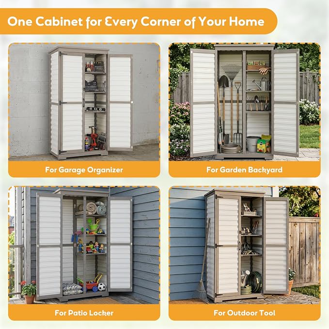 Outdoor Storage Cabinet with Shelves, Lockable Garden Shed, Wood & Plastic Weatherproof Outside Tool Cabinet for Patio, Backyard, Balcony White - Image 8
