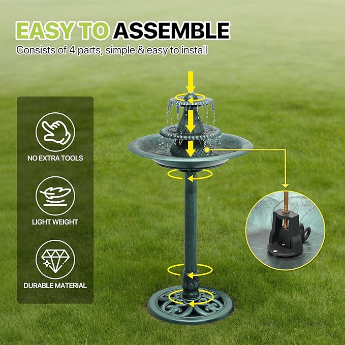 Magshion 37" Tall 3-Tier Outdoor Water Fountain, Pedestal Bird Bath for Outside, Cascading Water Feature and Birdbath for Garden, Patio, Deck, and Backyard, 1.3-Gallon (5L) Capacity, Green