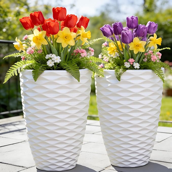 19" Nordic Wavy Tall Outdoor Planters, Set of 2 Ultra Durable Resin Large Flower with Drainage Holes, Weather-Resistant Outdoor Planters for Garden Patio Porch Balcony Living Room Office Decor