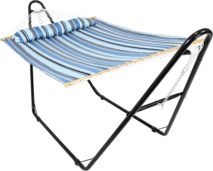 Sunnydaze Double Quilted Fabric Hammock with Universal Steel Stand - 450-Pound Capacity - Black Stand - Misty Beach by SunnydazeDecor