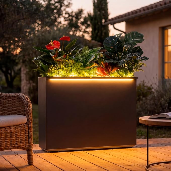 Wallowa Metallic Heavy Outdoor Planter Box with LED Light, Span Planter, Pure Black with Hand Brushed Gold Rim, Long and Tall Divider Planter, No Assembly and Seamless, 38”Lx10”Wx30”H Black