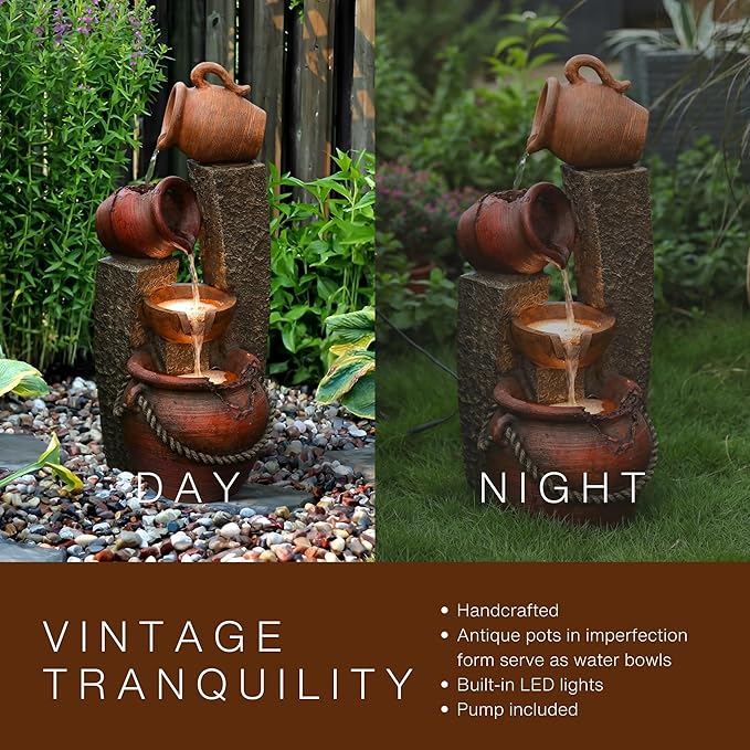 LuxenHome Outdoor Water Fountain, 32 Inch Farmhouse Water Fountain Outdoor with Lights, Cascading Pitchers Po Indoor and Outdoor Fountains and Waterfalls, Garden Water Feature Decor