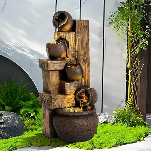 TITIMO 39.3" Outdoor Water Fountain with LED Lights 5 Tiers Modern Cascading Large Outdoor Fountain with Lights for Garden, Patio, Backyard, Deck, Porch and Home Art Decor (Natural)