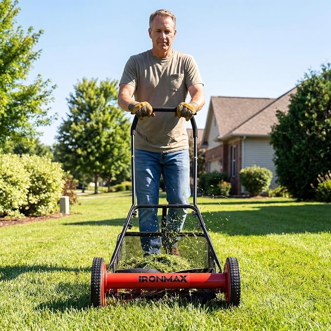 IRONMAX 18 Inch 5-Blade Push Reel Lawn Mower, 9-Level Adjustable Cutting Heights, Removable Grass Catcher, Lightweight No Motor Walk-Behind Manual Grass Cutter for Garden Yard Park (Red, 18 Inch) - Image 8