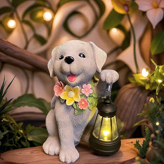 Dog Solar Light, Solar Dogs Statues Outdoor with Lantern, Cute Dogs Garden Figurines for Patio and Yard Decor, Gardening Gifts for Mom, Grandma, Dog Lovers