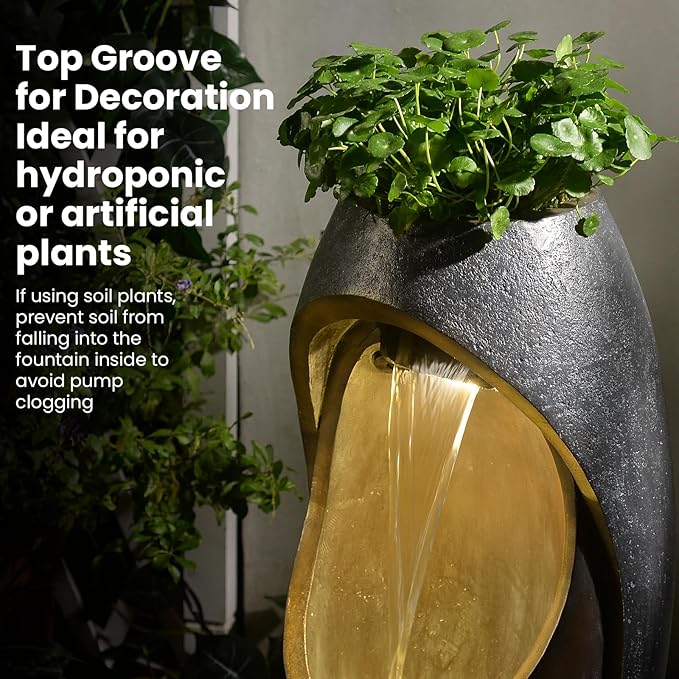 Waterfalll Water Fountain Outdoor Garden Patio Freestanding Fountains Water Feature with LED Lights, Planter Groove and Oval Cutout Design for Backyard Deck Porch Home Decor, Brown