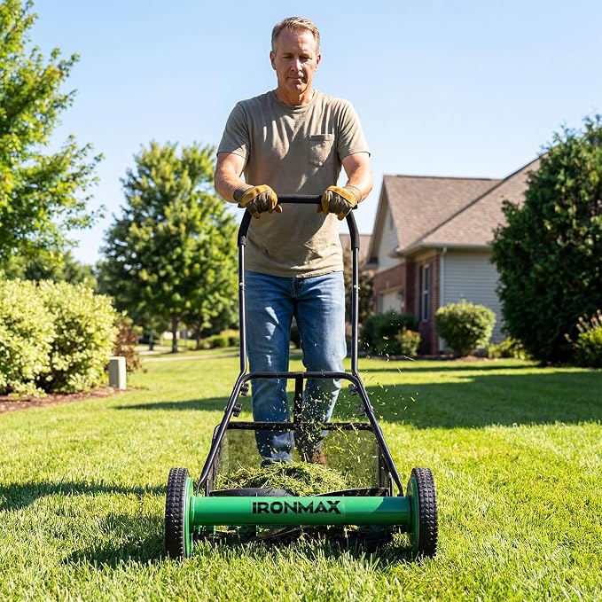 IRONMAX 18 Inch 5-Blade Push Reel Lawn Mower, 9-Level Adjustable Cutting Heights, Removable Grass Catcher, Lightweight No Motor Walk-Behind Manual Grass Cutter for Garden Yard Park (Green, 18 Inch) - Image 8