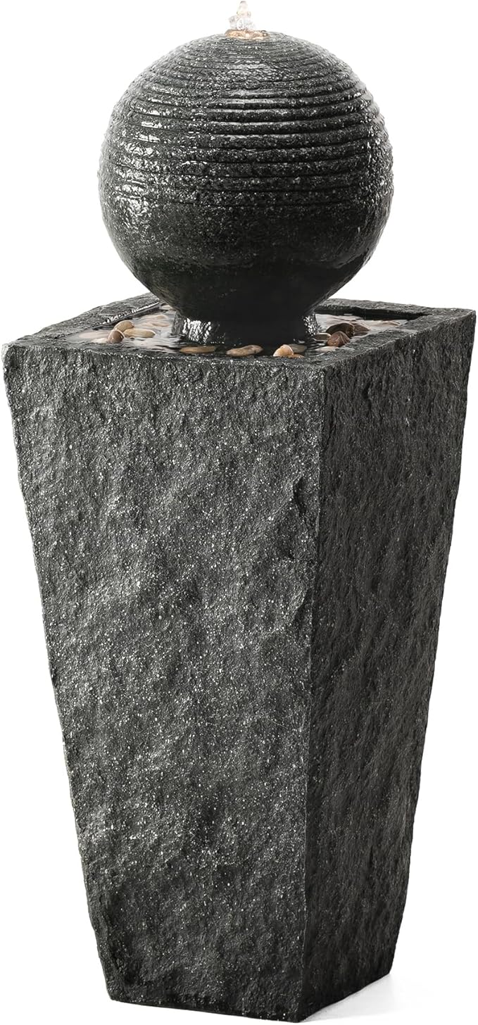 Glitzhome Water Fountain Outdoor with LED Light, Sphere Pedestal Outdoor Fountain, Modern Ball Waterfall Fountains Water Feature for Garden Patio Deck Porch, 31.7”H