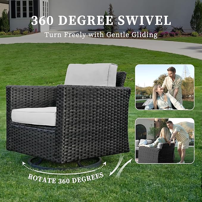 UDPATIO Patio Furniture Set, 6 Pieces Outdoor Furniture Sets with Rocking Swivel Chairs, Wicker Rattan Outdoor Conversation Set with Storage Table and Waterproof Covers for Backyard, Light Grey