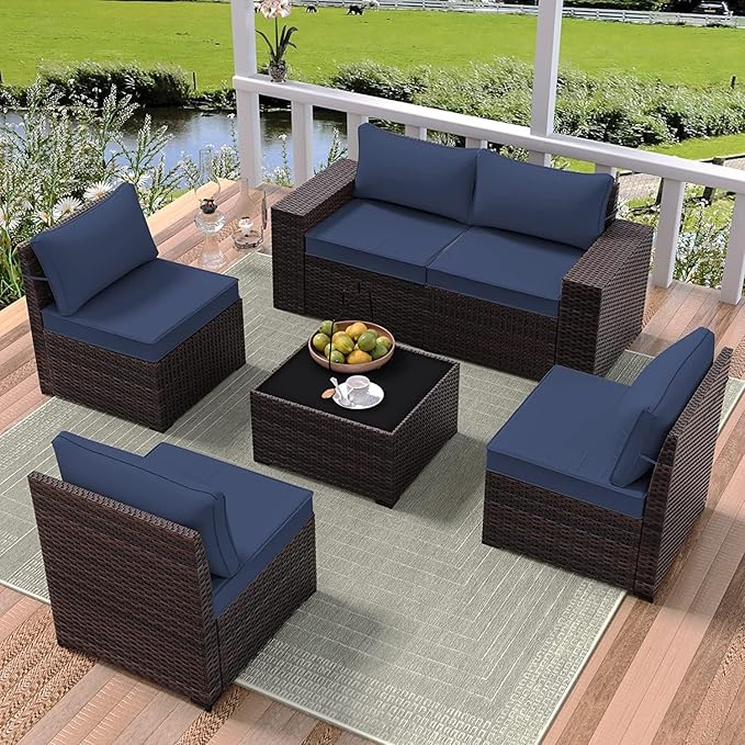 6 PCS Outdoor Patio Furniture Set,Outdoor Sectional Furniture All Weather PE Rattan Wicker Patio Conversation Set with Coffee Table and 5 Thickened Cushions,Navy Blue