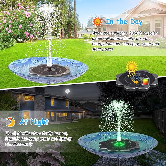 Solar Bird Bath Fountains Flower Pattern, Upgrade 3.5W Solar Water Fountain with 2000mAh Battery, Colorful Led Lights, 7 Nozzles, Hummingbird Solar Fountain for Garden, Swimming Pool, and Pond