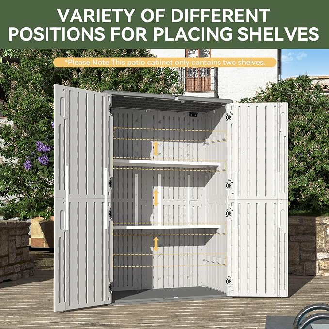 Aoxun White Resin Outdoor Storage Shed with 2 Shelves & Floor, 64 Cu.Ft Vertical Waterproof Cabinet for Garage, Pool, Bike, Garden Tools, Patio Furniture - Image 5
