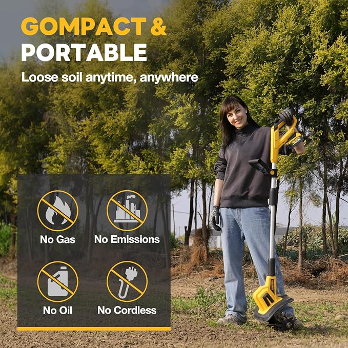 Alloyman 20V Cordless Tiller Cultivator, 360RPM Electric Garden Tiller, with 2 * 4.0Ah Batteries & Charger, 9In Tilling Width and 6.6In Depth Garden Rototiller for Lawn/Gardening/Soil Cultivation - Image 5