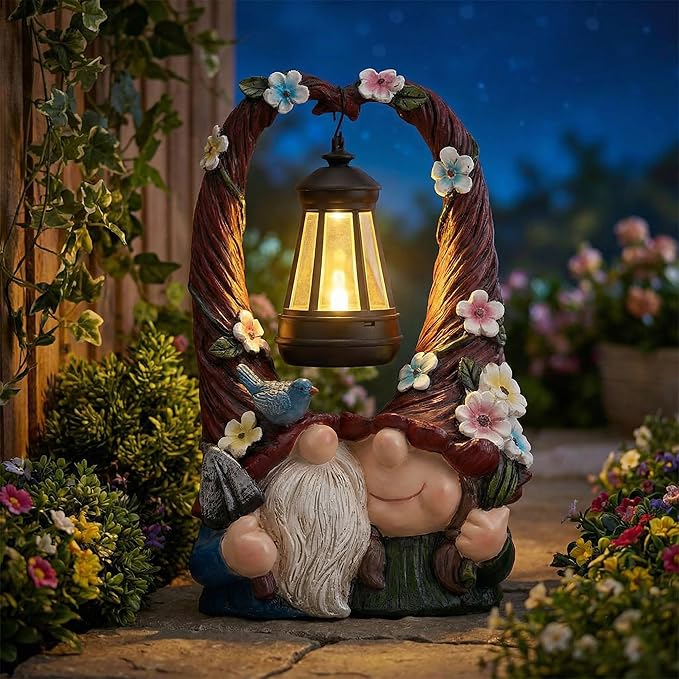 Outdoor Couple Gnome Decorations with Solar Light Lantern Double Cute Gnomes Resin Statues Outdoor Decor Gifts for Valentine's Day Anniversary(Couple Gnome)