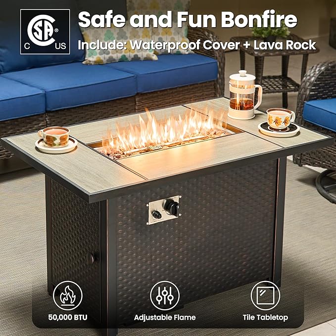 ovios 8-Piece Patio Furniture Set with Swivel Chairs Coffee Table, Outdoor Wicker Sofa with 42" Fire Pit Table, High Back Couch Modern Conversation Sets, Brown/Navy Blue