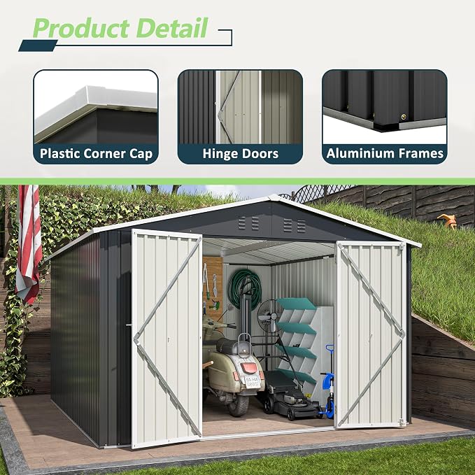 YOPTO 10 x 10 FT Outdoor Storage Shed,Heavy Duty Tool Sheds Metal Storage Garden Shed with Sloped Roof and Lockable Doors,Large Metal Storage Sheds for Backyard Patio Lawn, Black - Image 4