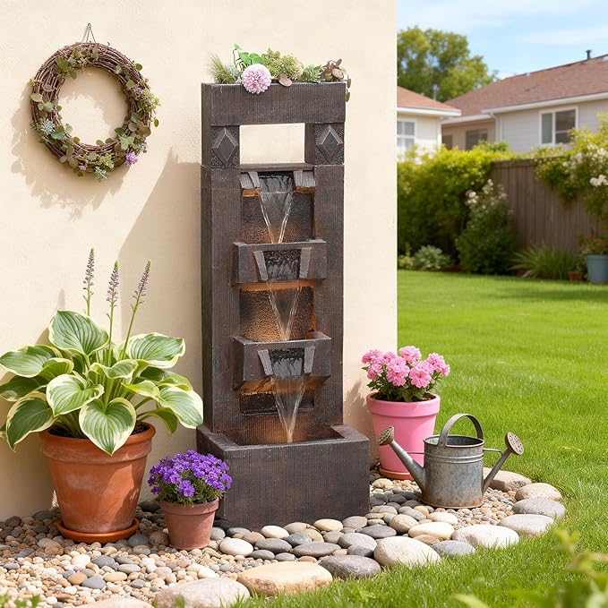 40.9" H 4-Tier Indoor/Outdoor Modern Water Fountain with Led Lights and Pump, Outdoor Freestanding Cascading Waterfall - Suitable for Garden, Patio, Porch, Yard and Outdoor Decor (Brown)