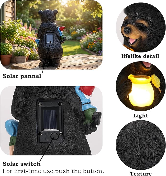 PETAFLOP Solar Garden Decor, Bear Family Statue with Glowing Honey Jar and Friendly Gnomes, Cozy Woodland Outdoor Ornament for Patio Porch Yard, Heartwarming Housewarming Gift