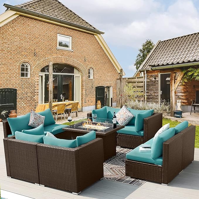 BULEXYARD 9 Pcs High Back Outdoor Sectional Set with Firepit Table, High-End Patio Furniture Seating Set, Big Oversized Wide Deep Modular 8-Seater Couch Sofa for Backyard, Brown Wicker & Teal Cushion