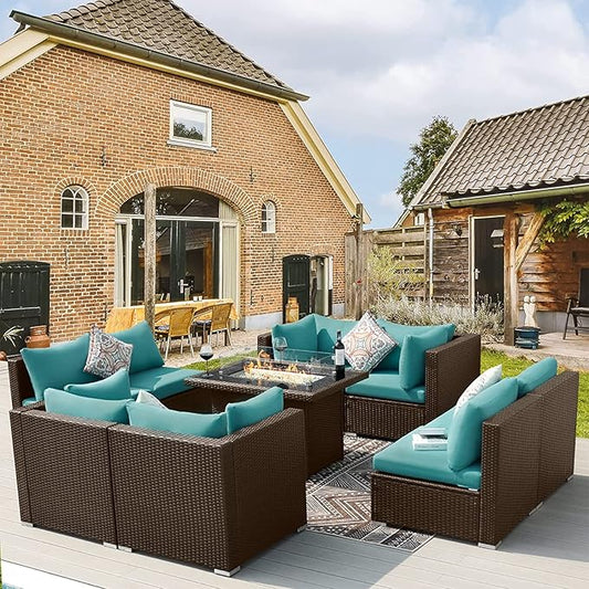 BULEXYARD 9 Pcs High Back Outdoor Sectional Set with Firepit Table, High-End Patio Furniture Seating Set, Big Oversized Wide Deep Modular 8-Seater Couch Sofa for Backyard, Brown Wicker & Teal Cushion