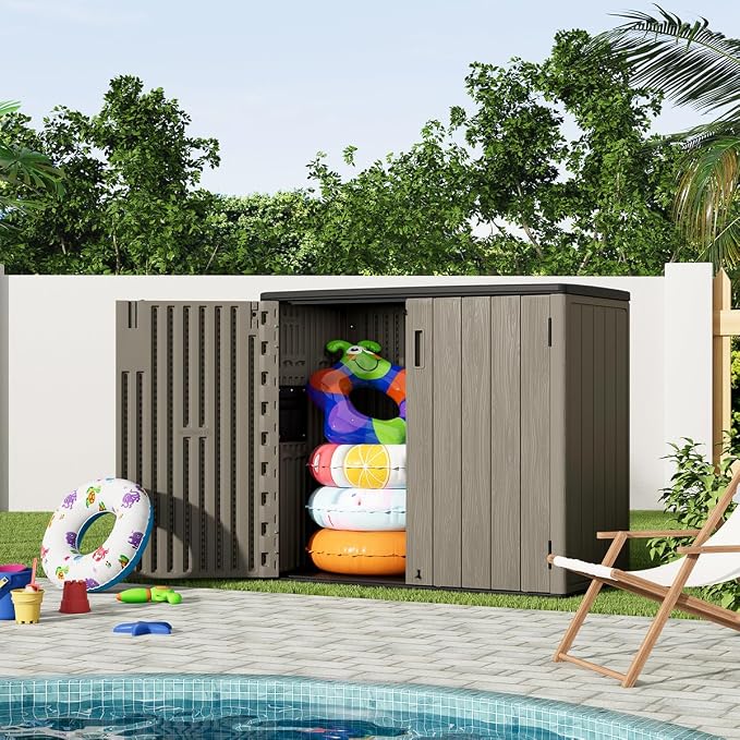 KINYING Outdoor Horizontal Storage Sheds,Outdoor Storage Cabinet Waterproof Resin Tool Storage Box for Lawn Mower,Garden Tools and Patio Furniture, Lockable (Brown) - Image 7