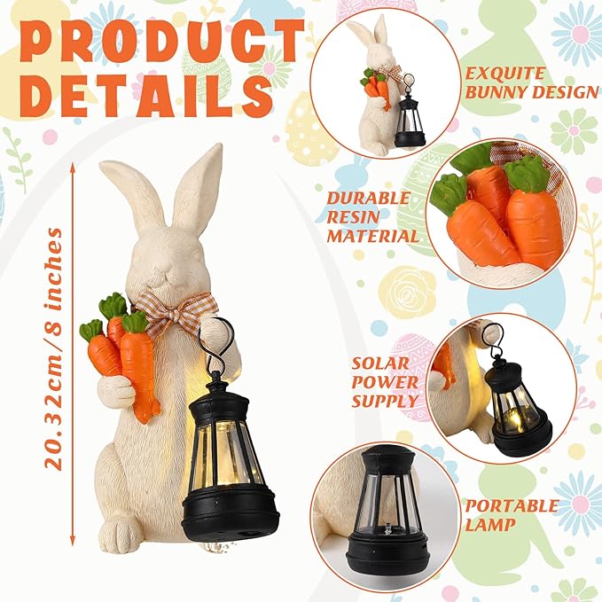 Retisee Solar Easter Garden Statue Resin Garden Bunny Statue with Carrots LED Lights Outdoor Bunny Solar Light Figurine Decoration for Yard Patio Lawn Gift for Easter Spring Holiday Outdoor Decor