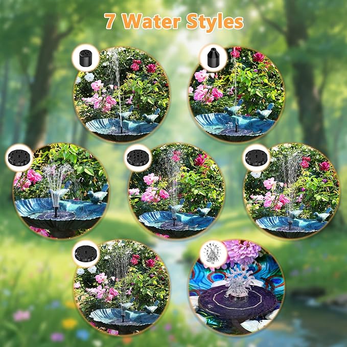 AISITIN 2.8W Solar Fountain Pump for Bird Bath Upgraded 2026, Floating Solar Powered Water Fountain Built-in 1000mAh Battery with 7 Nozzles & 3 Integrated Bracket for Bird Bath and Outdoor Garden
