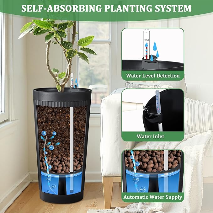 Self-Watering 24in Plastic Round Planter with Vertical Ribbed Design – Indoor Outdoor Flower Pot for Plants, Herbs, and Small Trees, Set of 2