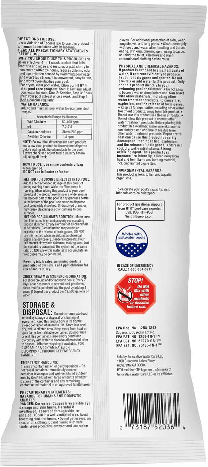 HTH 52031 Swimming Pool Care Shock, Swimming Pool Chlorinator Boosts Chlorine Levels, Cal Hypo Formula, 13.3oz (1 Pack) - Image 2
