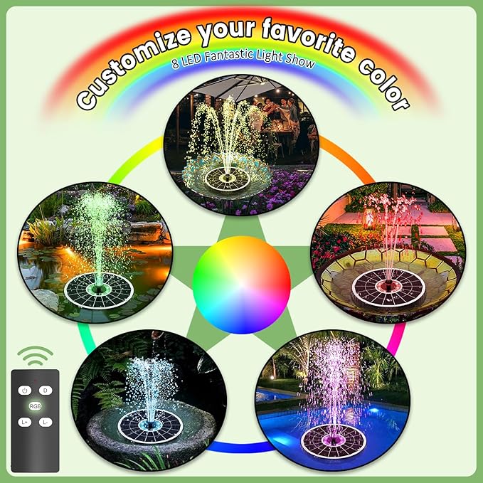Yzert Remote Solar Fountain 2026, 6W Glass Bird Bath Fountain, 4000 mAh Solar Water Fountain Pump with 7 Nozzles & 4 Fixers, Colorful Lights for Garden, Pond, Pool, Outdoor-Adjust Water Height (8LEDs)