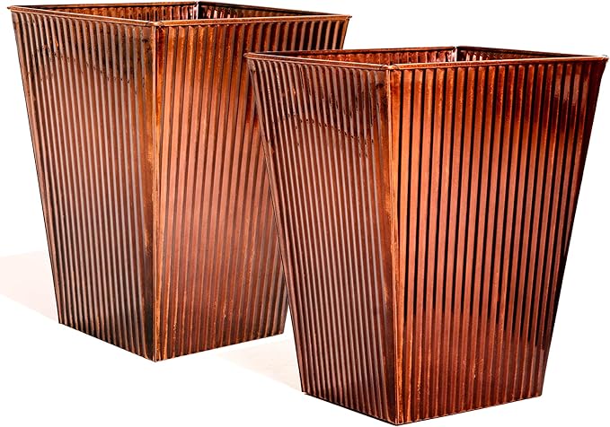 Ultiteque18 H x13 Dia Large Copper Metal Planter Set of 2, Tall Square Tapered Steel Flower pots for Indoor Plants, Indoor Plant Pots Lightweight for Apartment Office, Planter Pots with Drainage&Plug