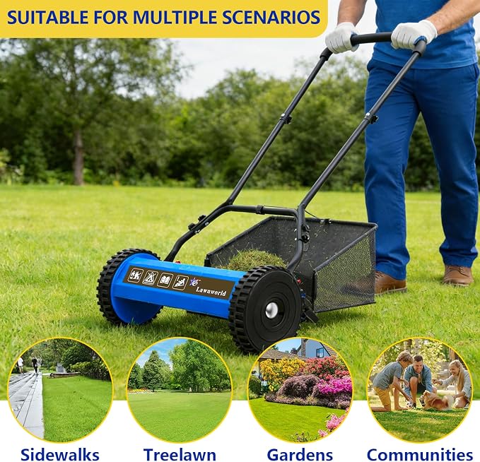 16-Inch Reel Lawn Mower with Grass Catcher and Tool-Free Blade Adjustment, 5-Blade Manual Push Lawn Mower, 5-Position Height Adjustable - Image 7