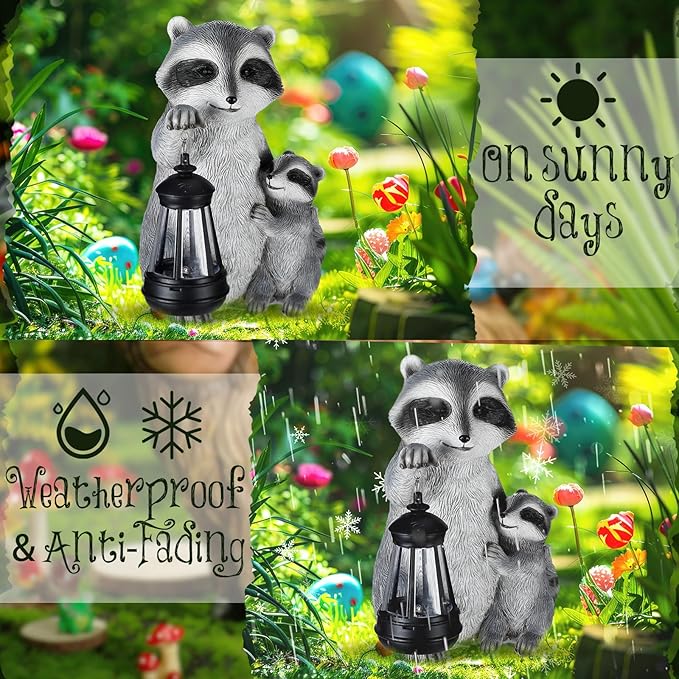 Pinkunn 9.5 Inch Solar Raccoon Family Garden Statues with LED Lights Home Decorations Outdoor Garden Raccoon Statue for Patio Balcony Yard Lawn Ornament Housewarming Birthday Gifts for Women