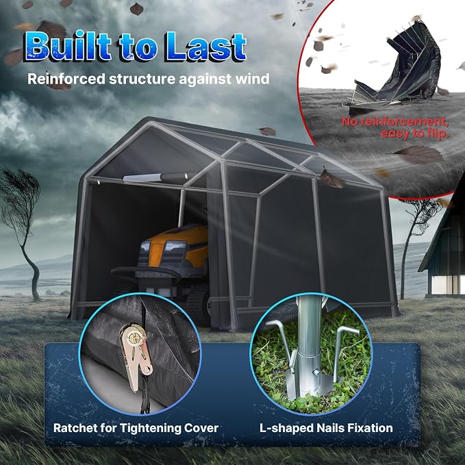 ADVANCE OUTDOOR 8x14 ft Steel Metal Peak Roof Portable Garage Shelter Storage Shed Carport for Motorcycle, Bike or Garden Tools with 2 Roll up Doors & Vents, Gray - Image 4