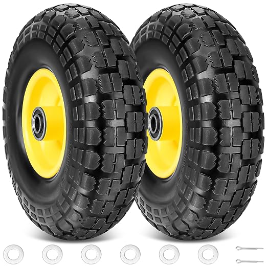 TICONN 4.00-6 Tire and Wheel Flat Free, 2 Pack 13" Solid Tires with 5/8" Axle Bore Hole and Double Sealed Bearings, Perfect for Wheelbarrow, Garden Cart, Wagon, Dolly (Yellow, 2PK) by TICONN