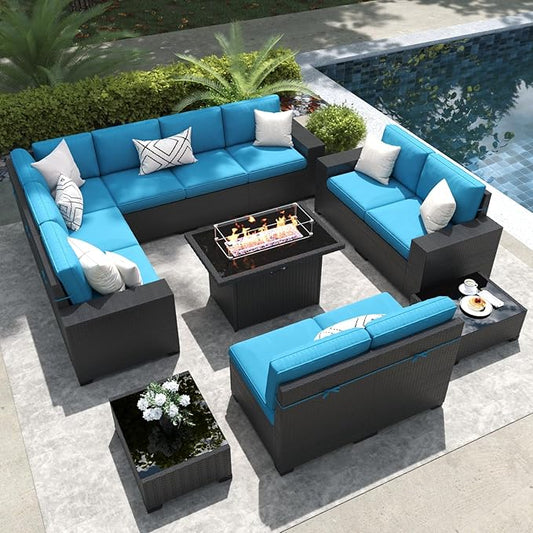 LayinSun 13 Pieces Outdoor Patio Furniture Set with 44" Fire Pit Table Rattan Sectional Sofa Conversation Sets