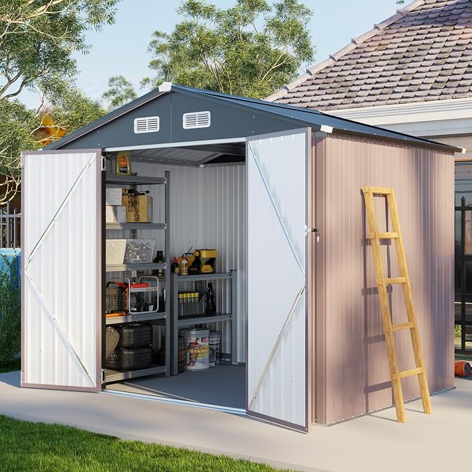 Aoxun 6' x 8' Storage Shed Outdoor Steel Garden Utility Cabinet with Lockable Door Waterproof & Rust-Proof for Yard, Patio, Backyard, Garden (Brown) by Aoxun