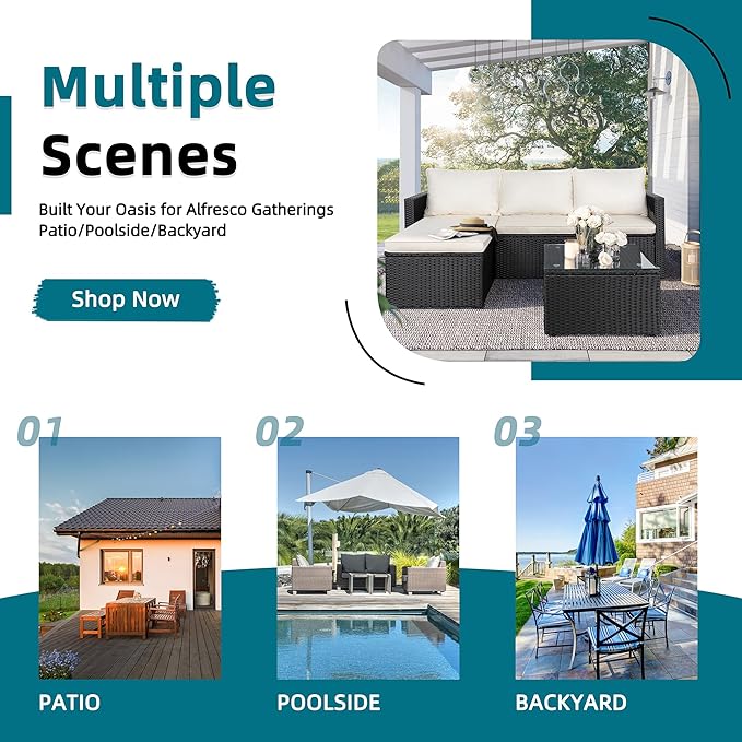 SUNLEI 3-Piece Patio Sectional Sofa, Patio Furniture Set with Detachable Soft Cushions, Outdoor PE Rattan Patio Conversation Sofa Set with Glass Coffee Table & Ottoman, Black Rattan/White
