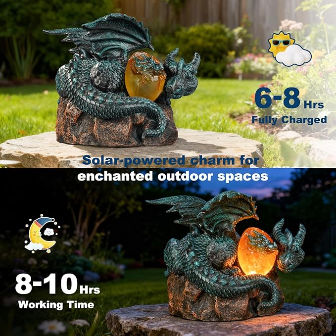 Solar Dragon Garden Decor - Dragon Statue Outdoor with Egg Light - 6.8 inch Porch Decor & Lawn Ornaments, Perfect Patio Decor, Yard Decorations Outdoor